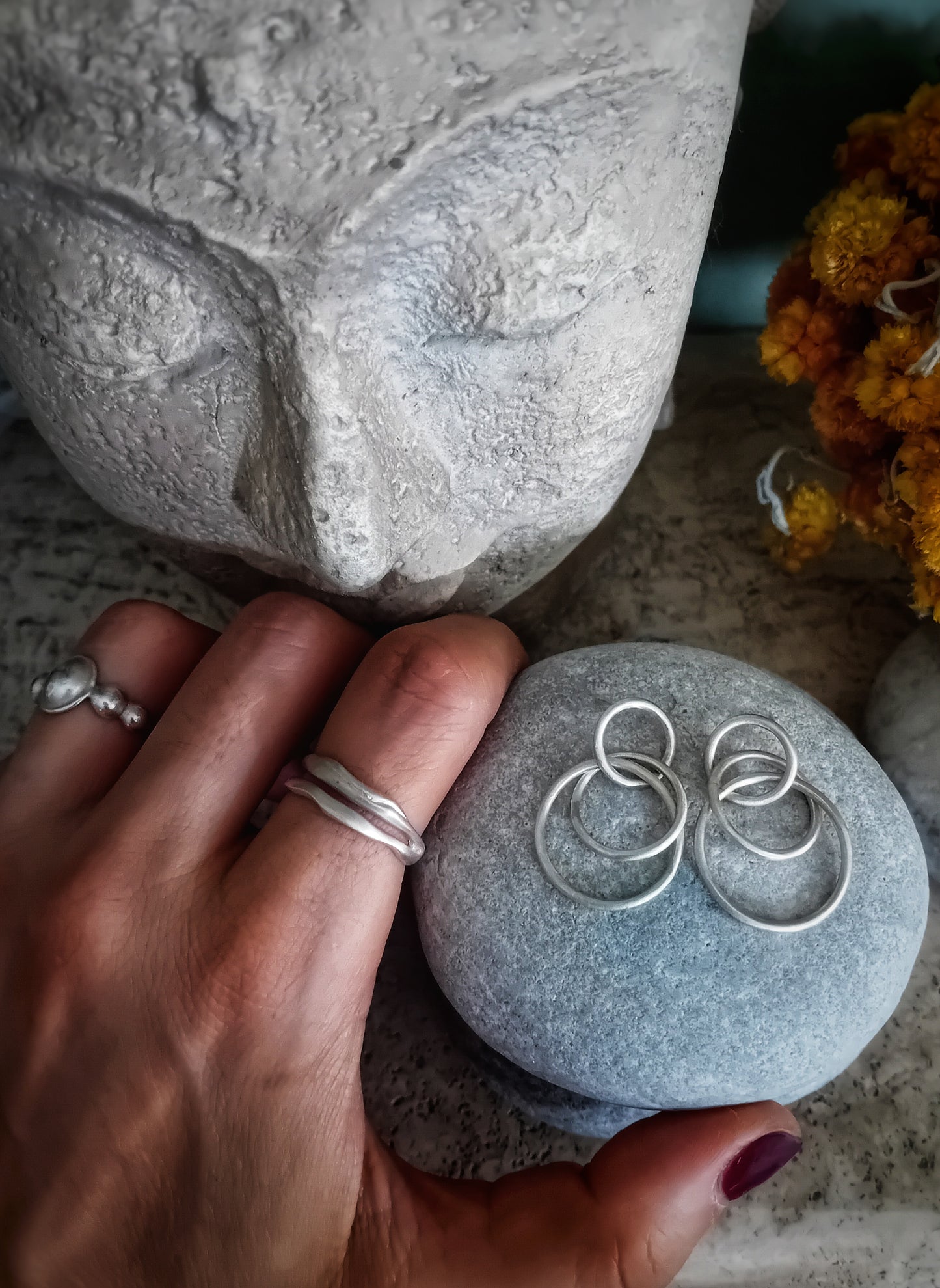 Irregular triple silver hoops