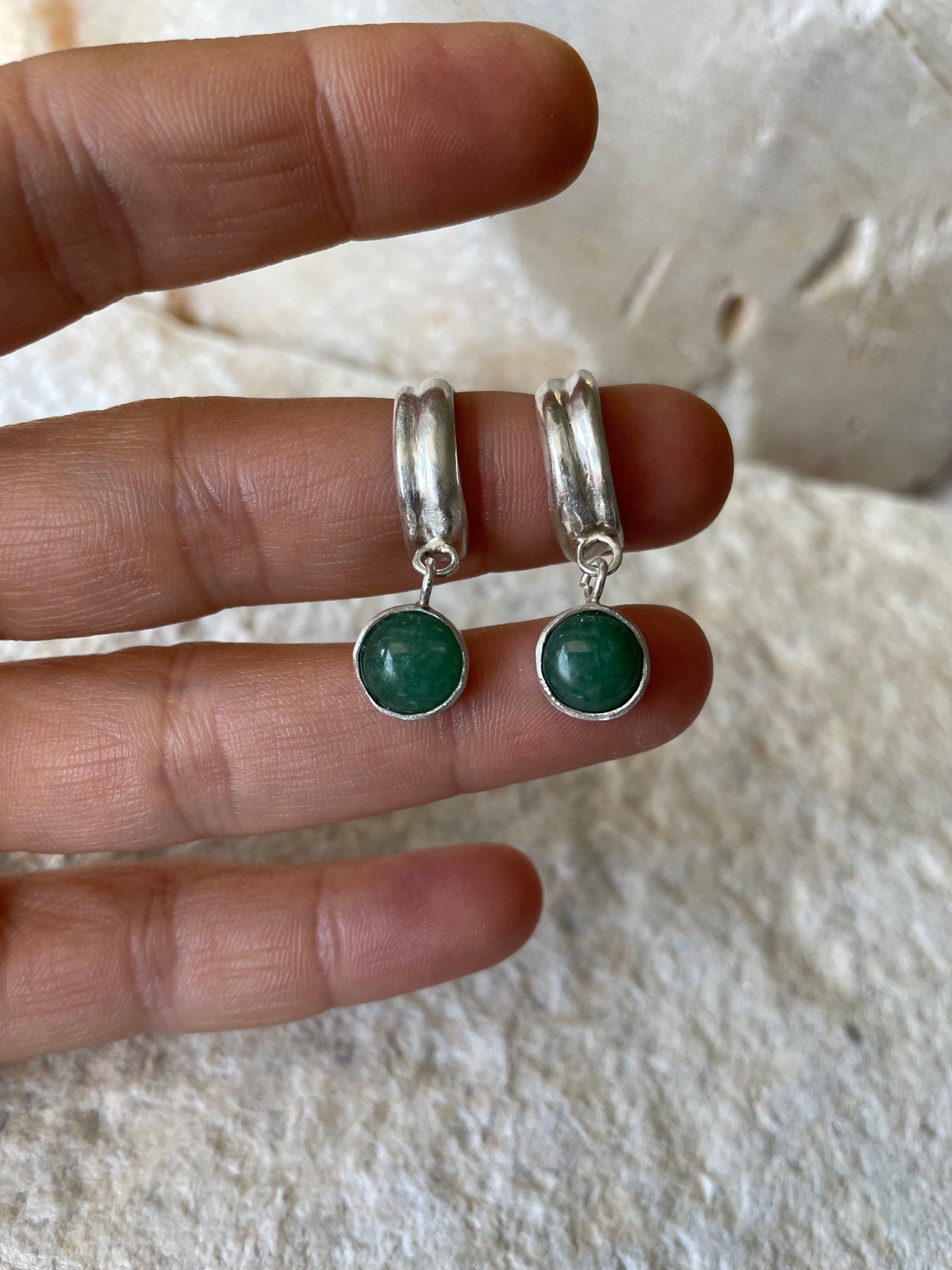 Aventurine silver hoops