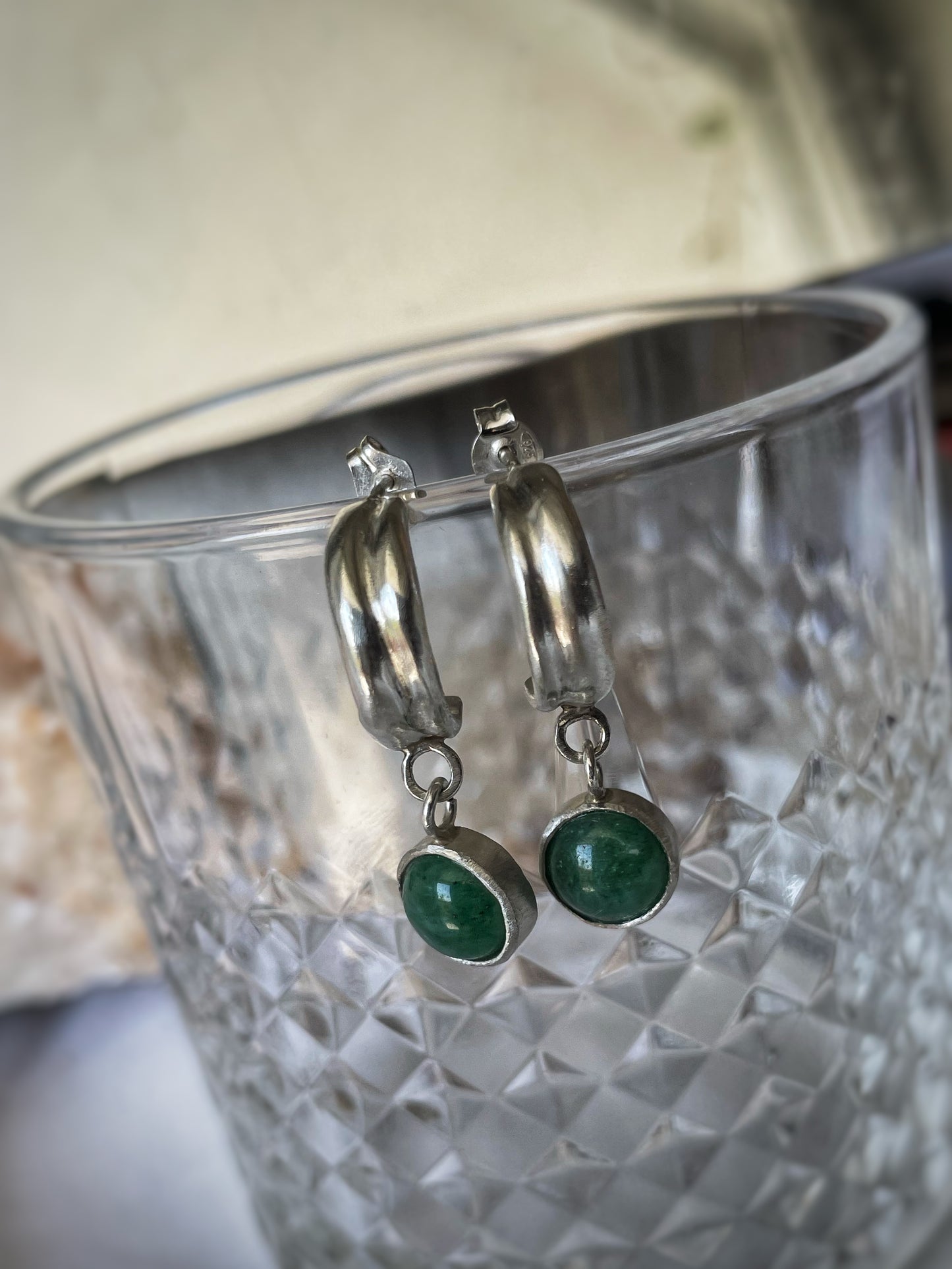 Aventurine silver hoops