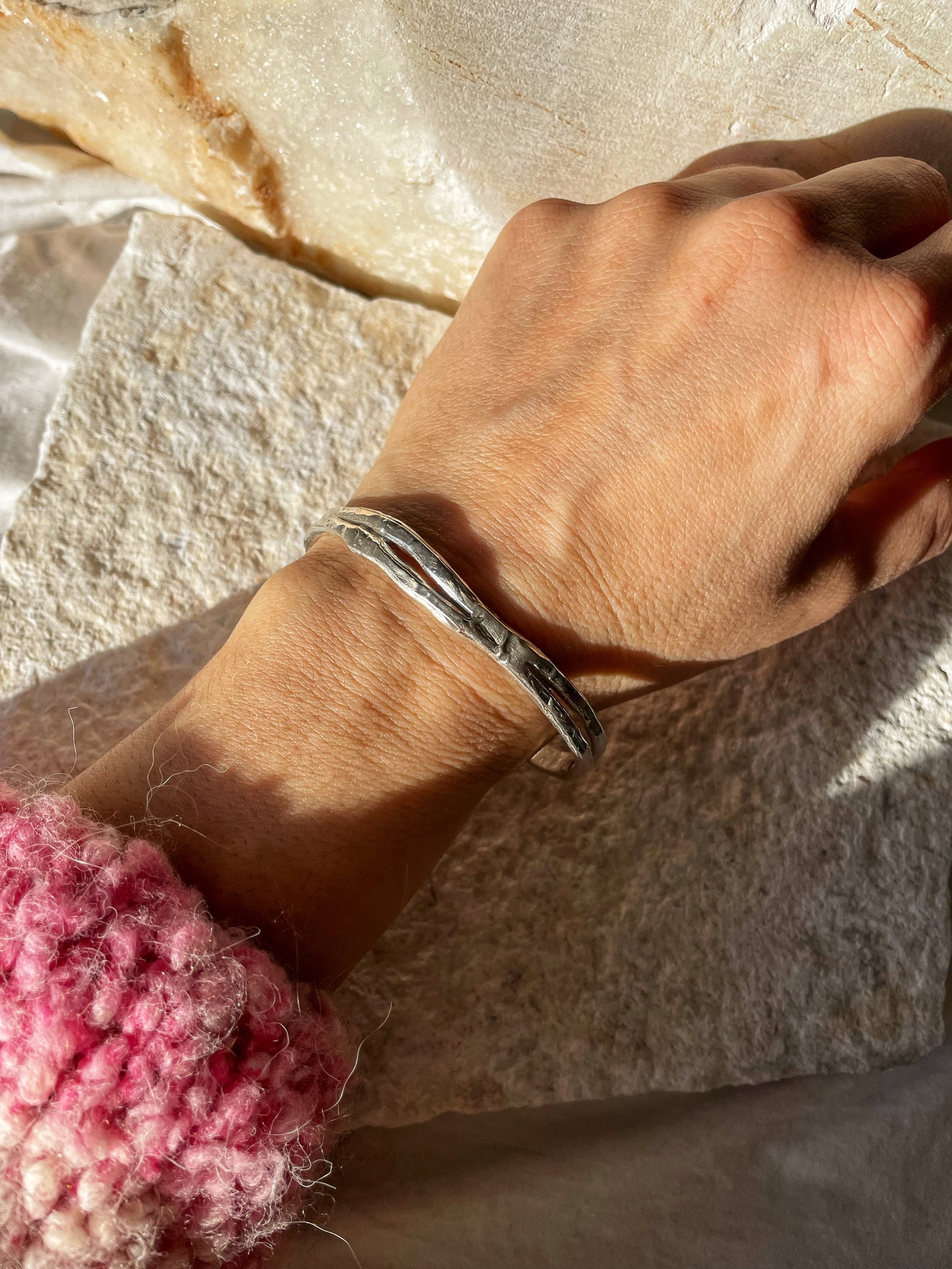 Raw silver open bangle