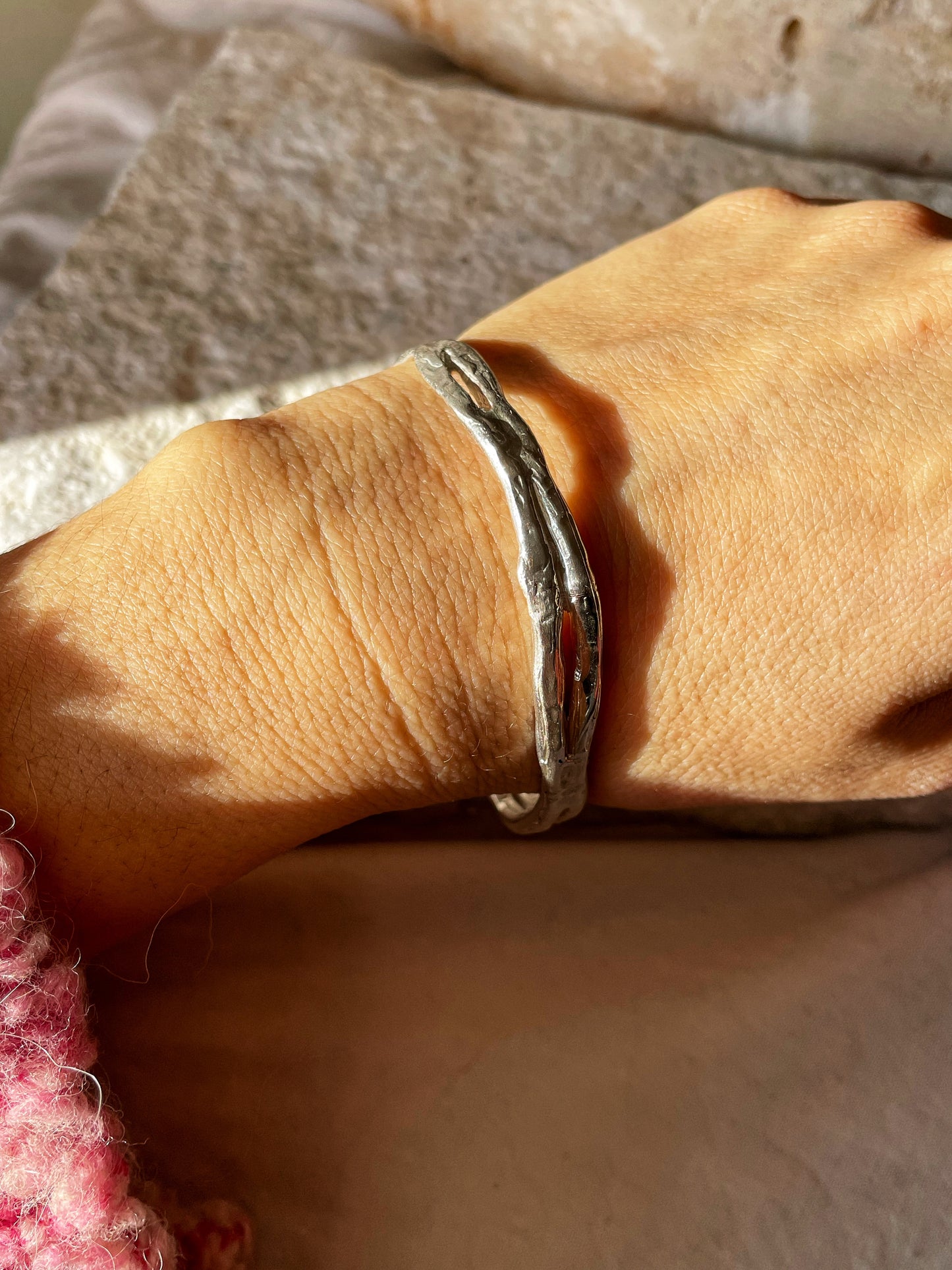 Raw silver open bangle