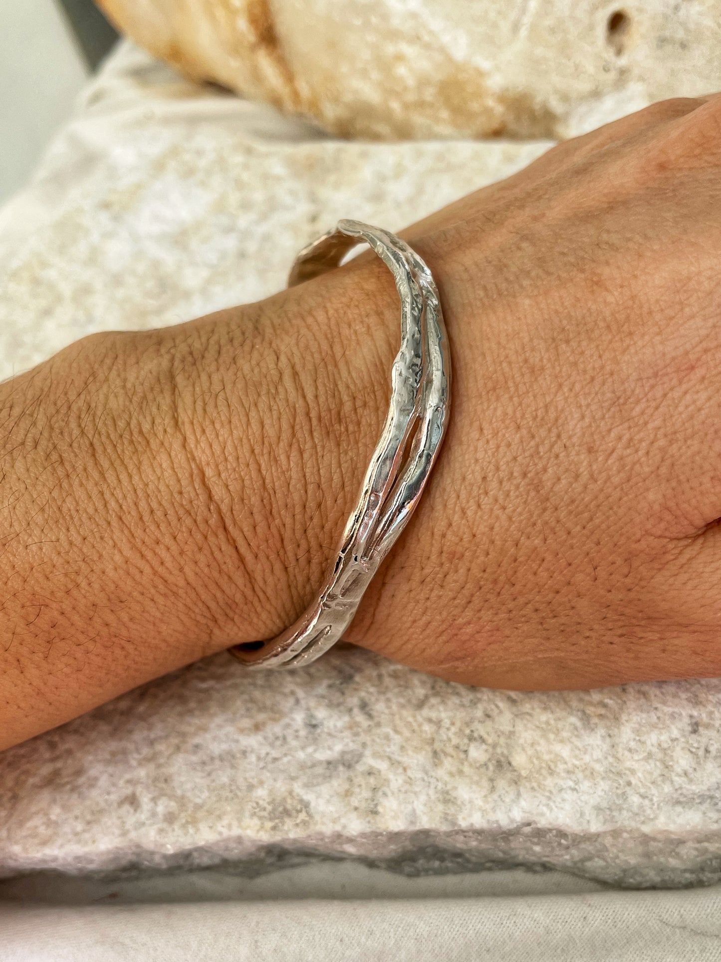 Raw silver open bangle