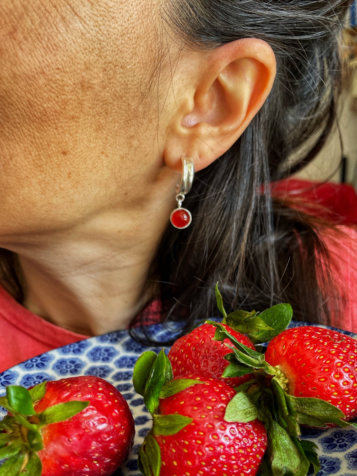 Red agate silver hoops