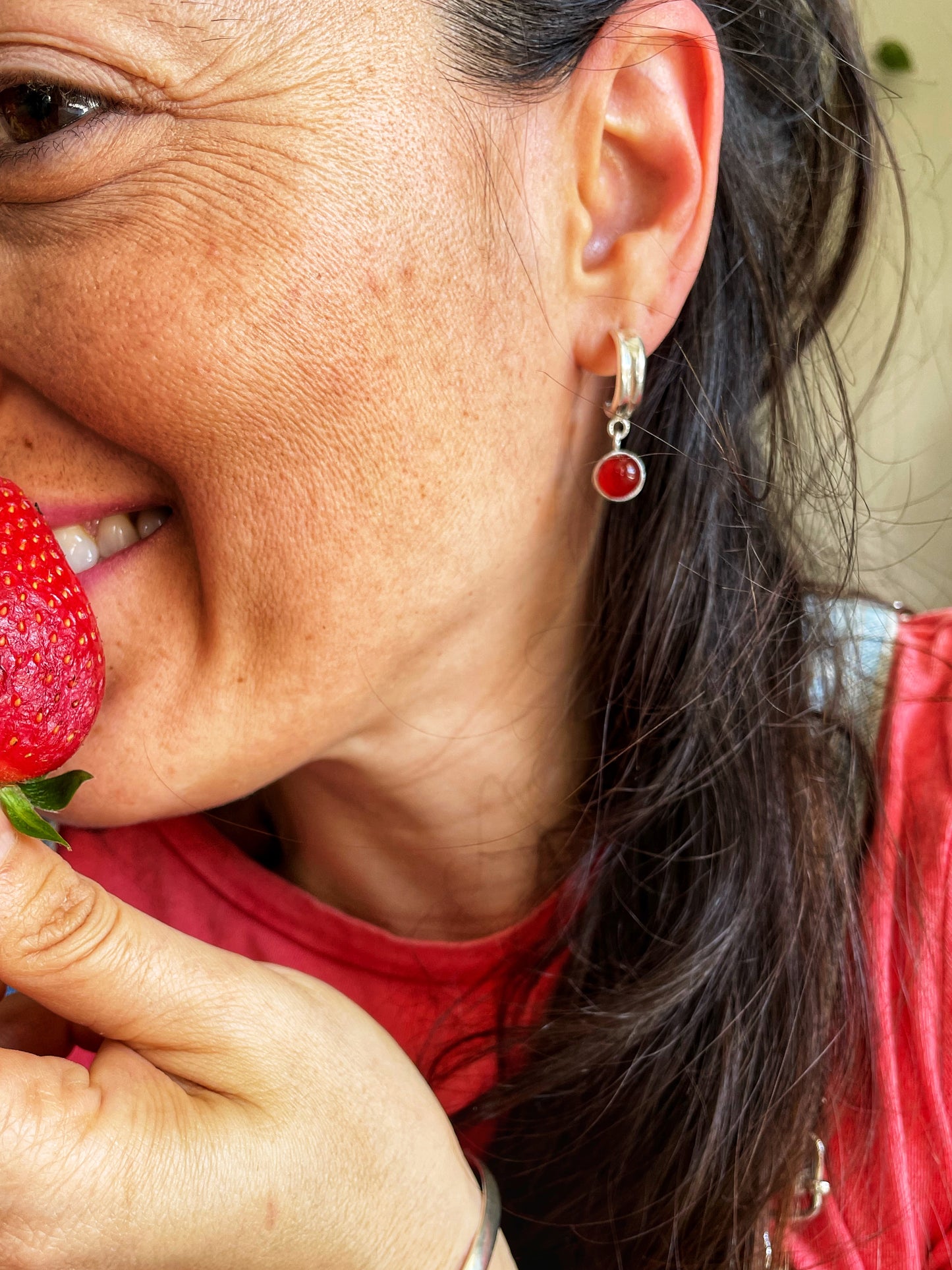 Red agate silver hoops