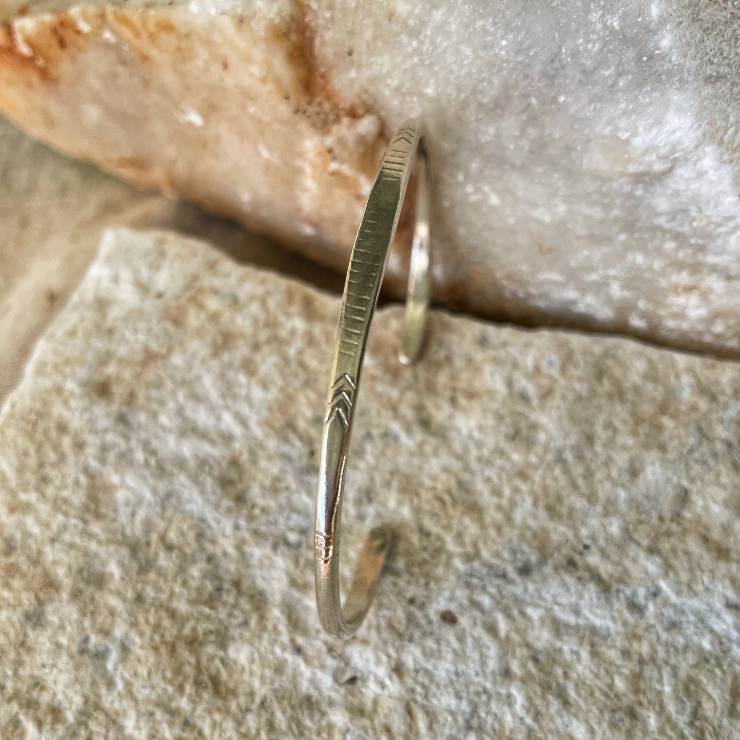 Engraved open silver bangle