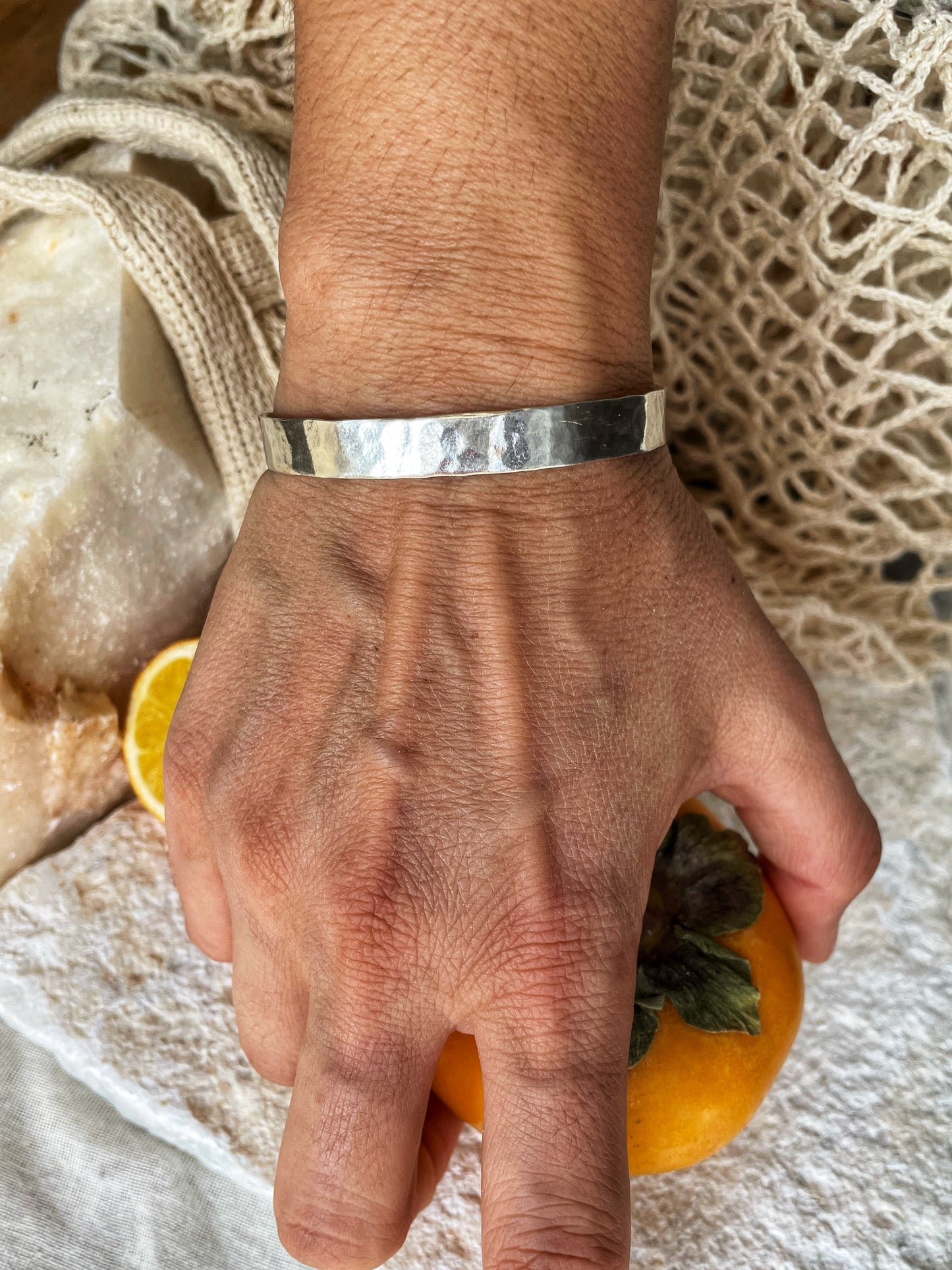 Forged open silver bangle