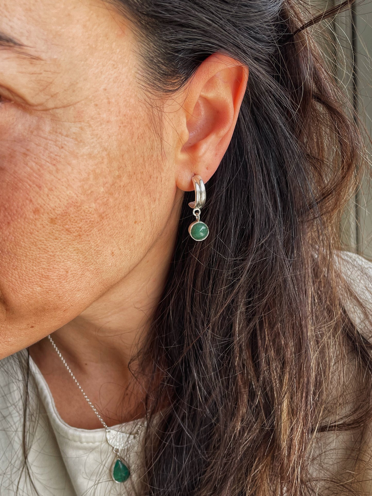 Aventurine silver hoops