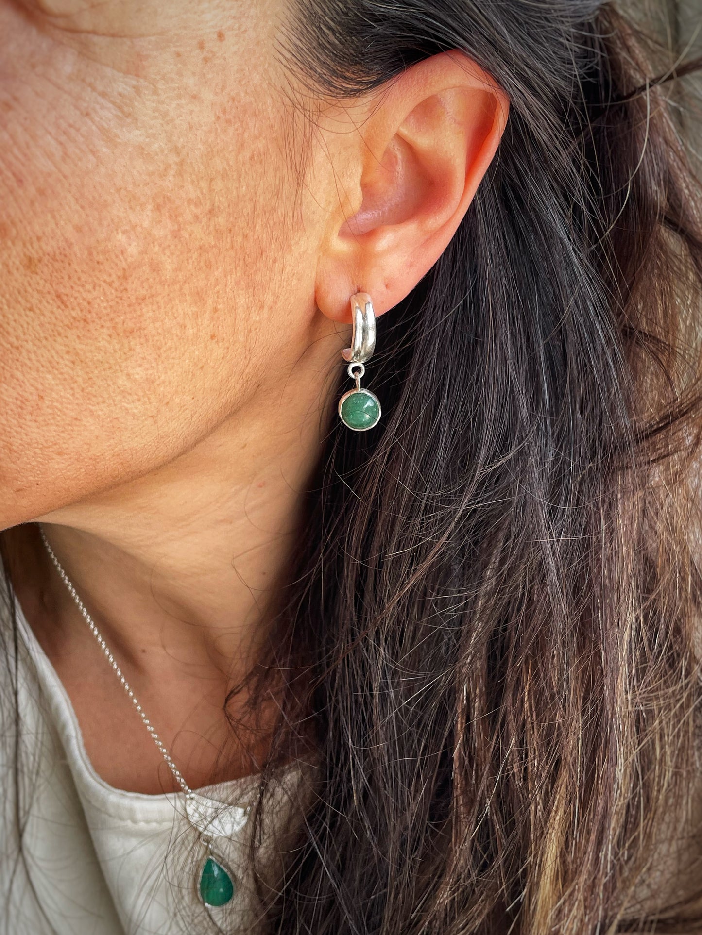 Aventurine silver hoops