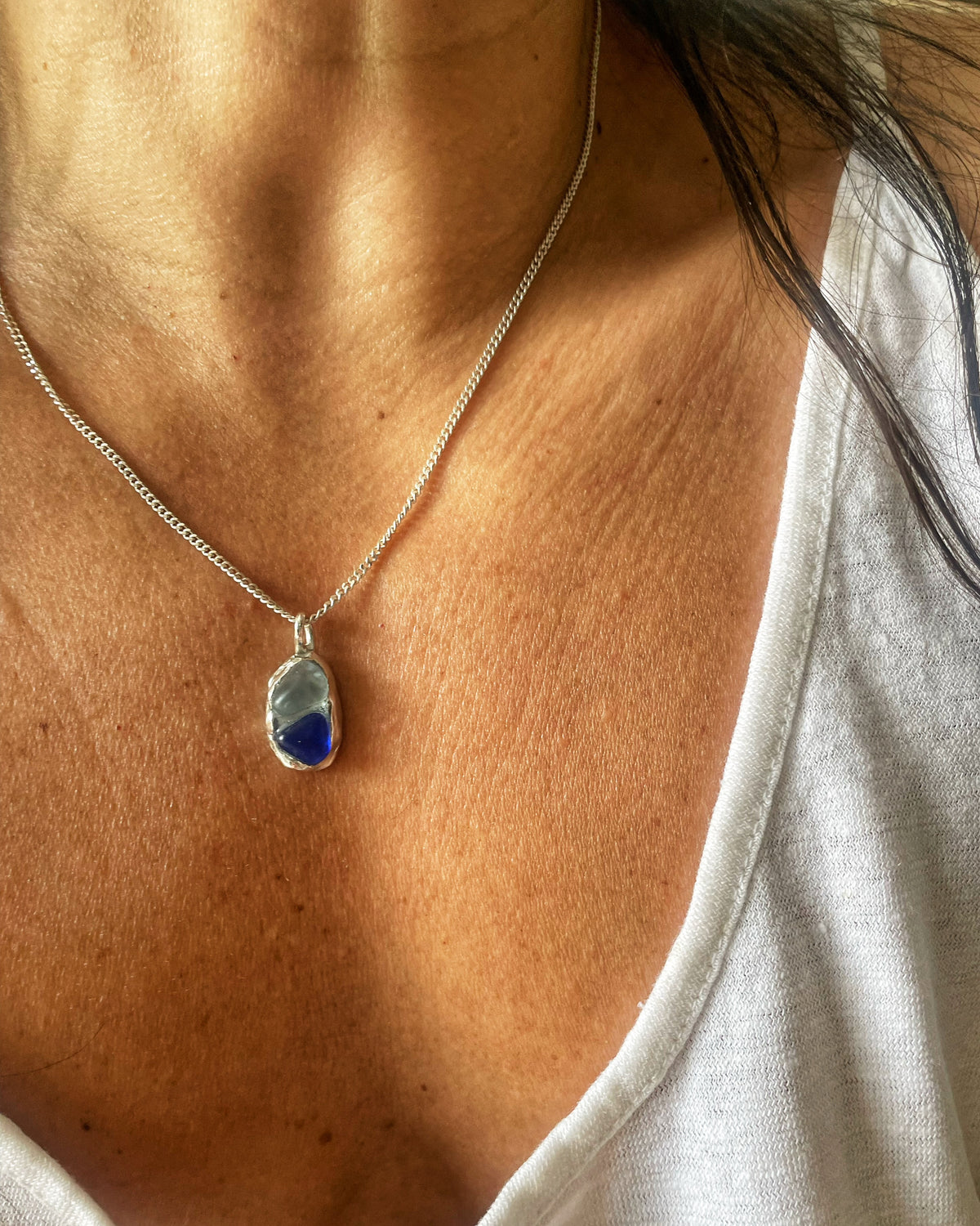 Blue sea glass double pendant