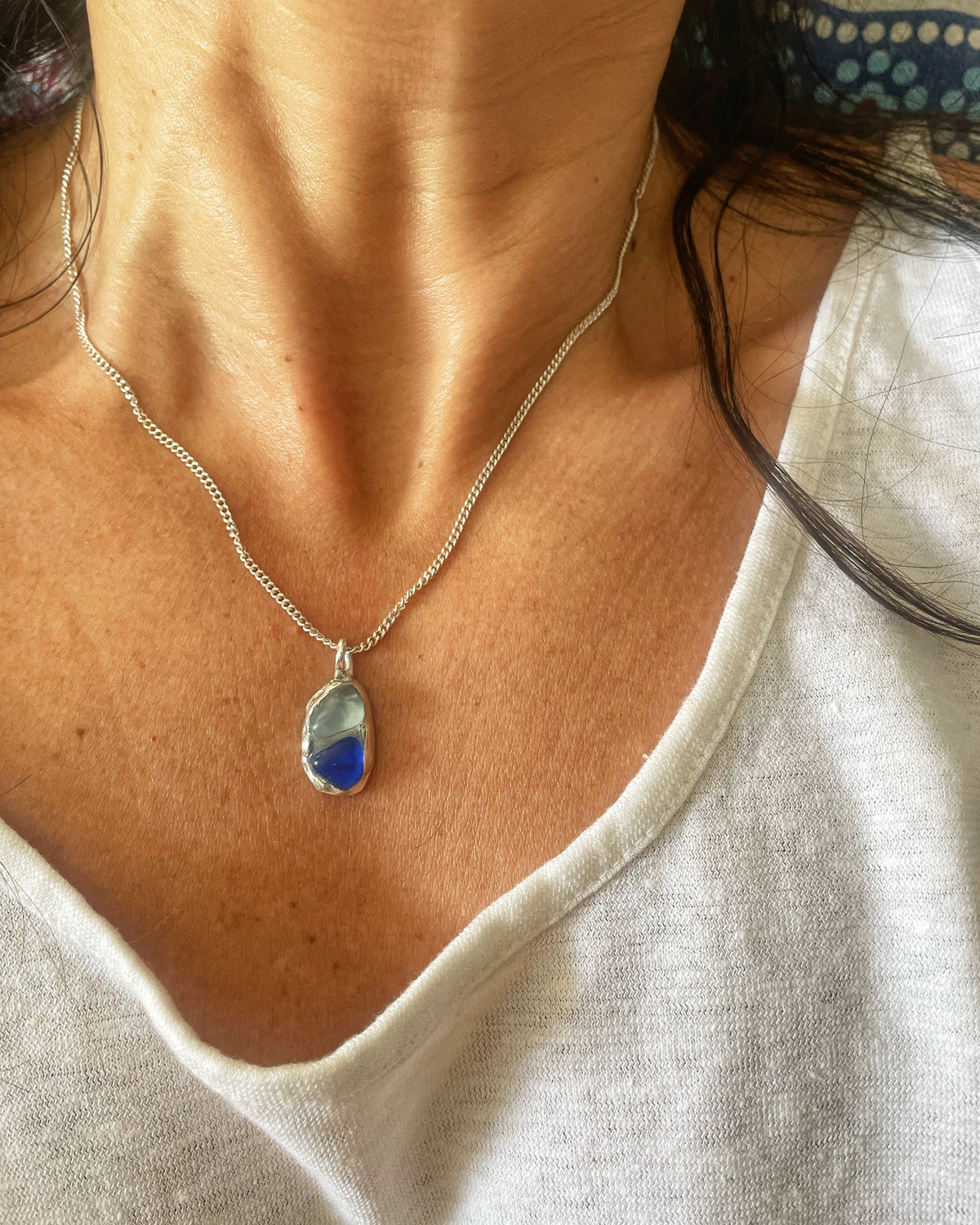 Blue sea glass double pendant