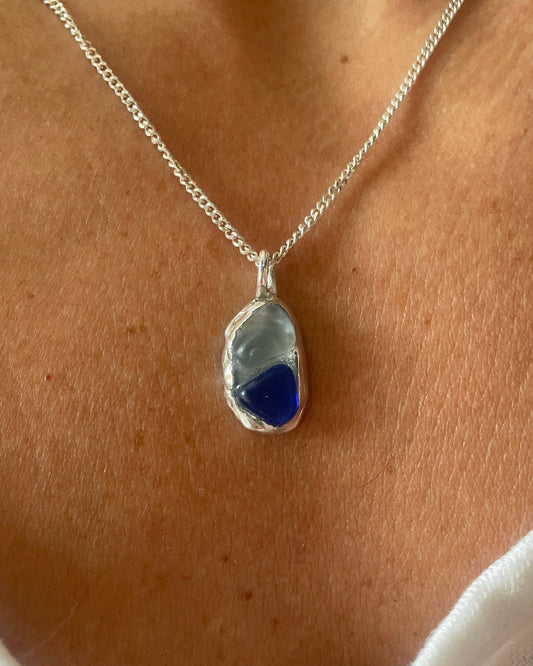 Blue sea glass double pendant