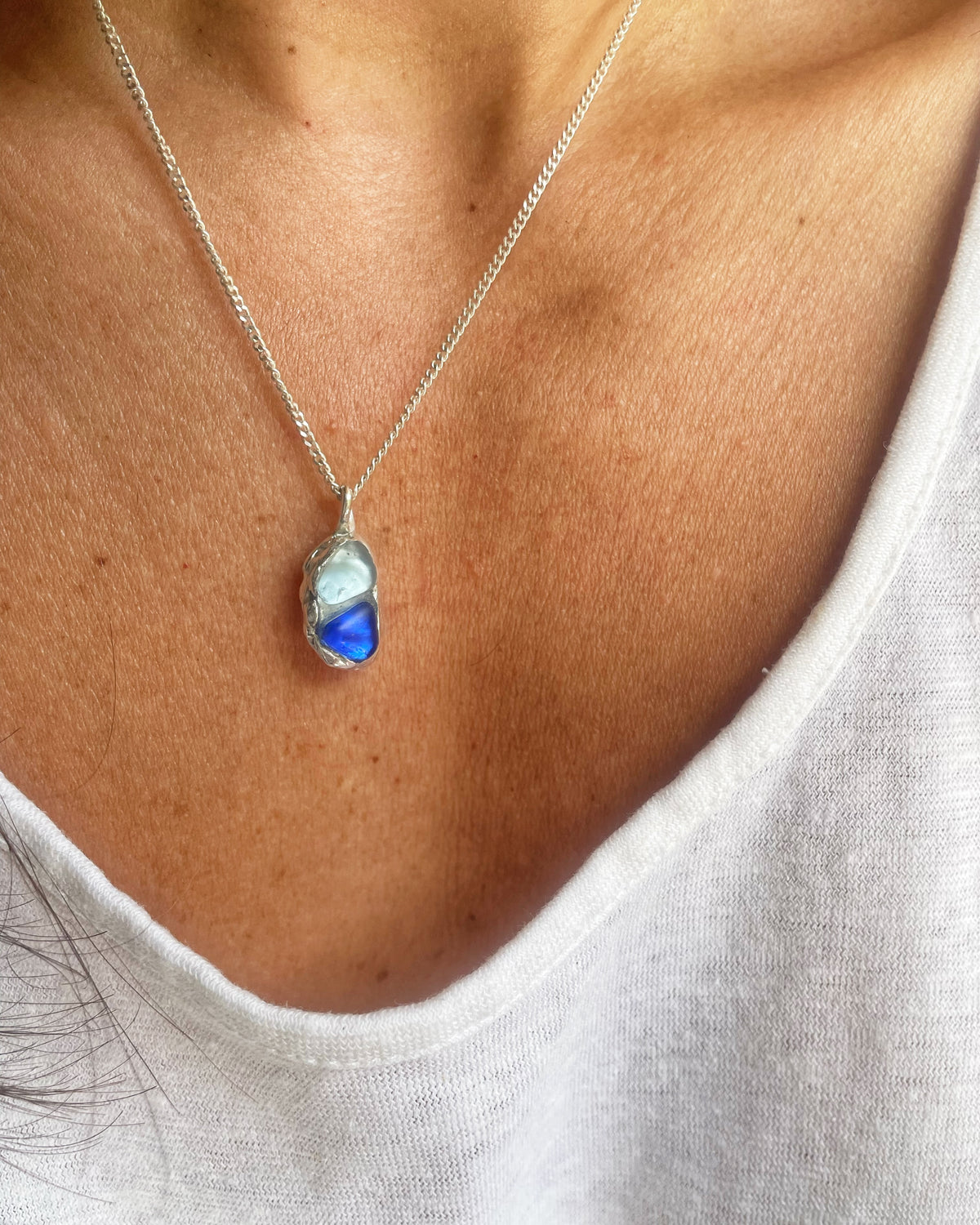 Blue sea glass double pendant