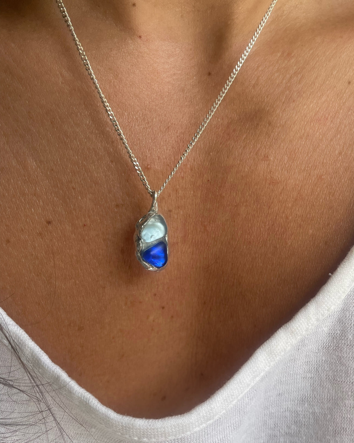 Blue sea glass double pendant