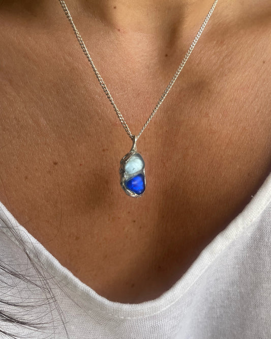 Blue sea glass double pendant