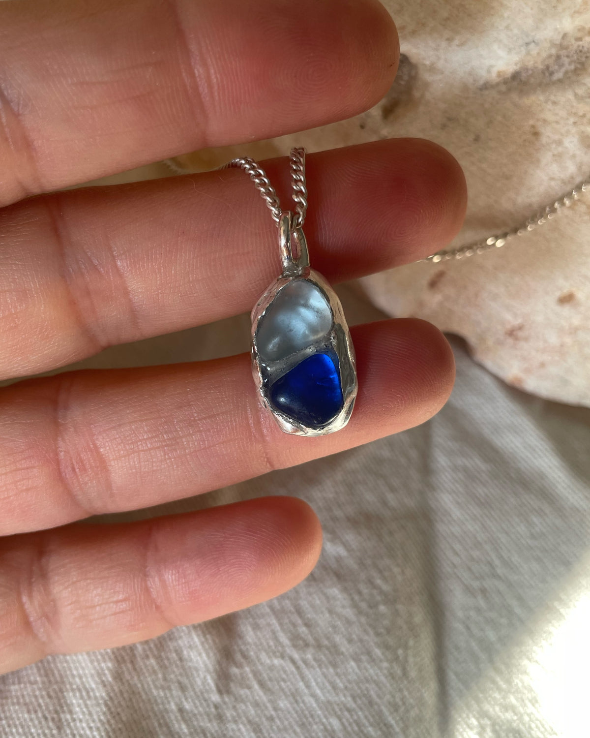 Blue sea glass double pendant