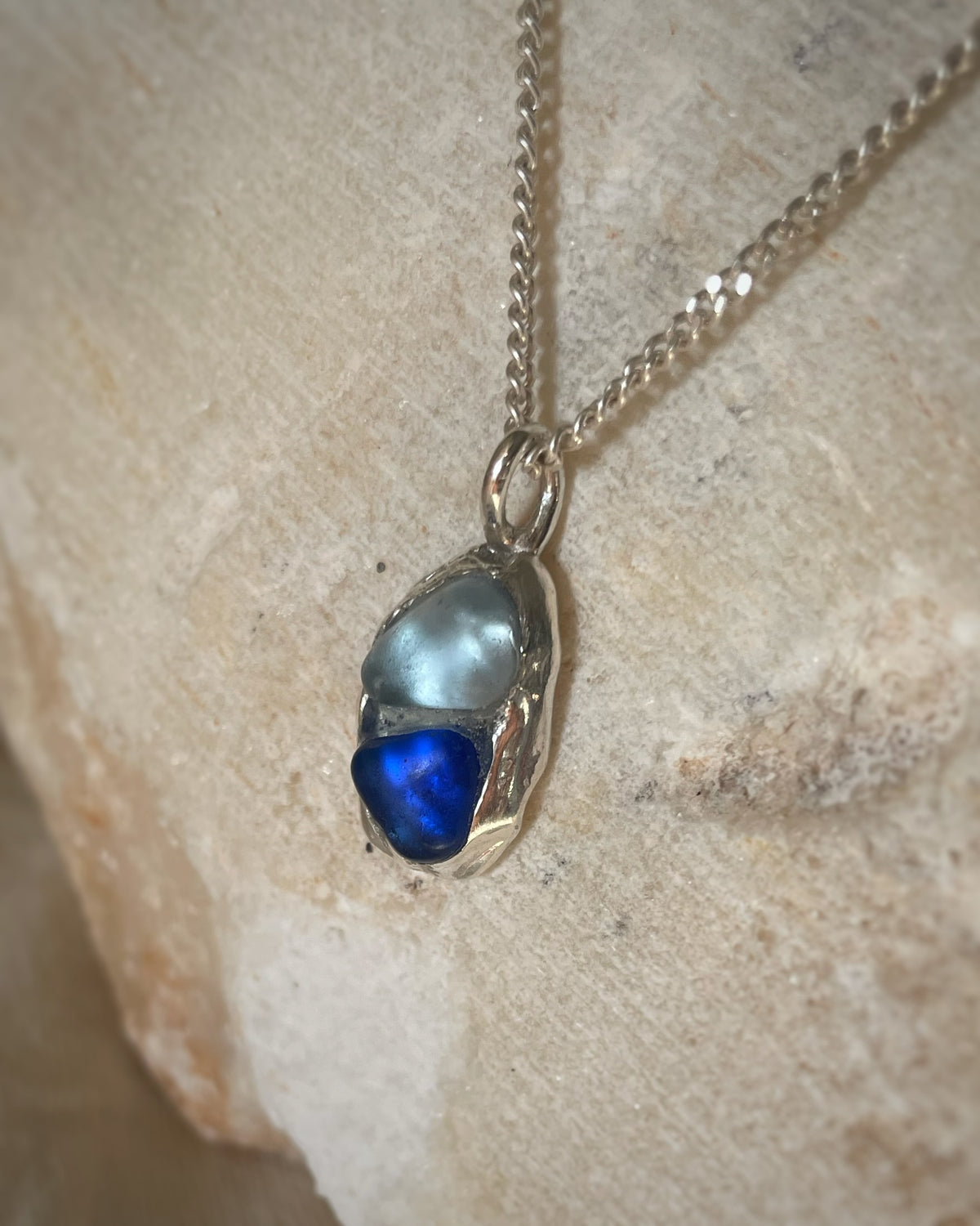 Blue sea glass double pendant