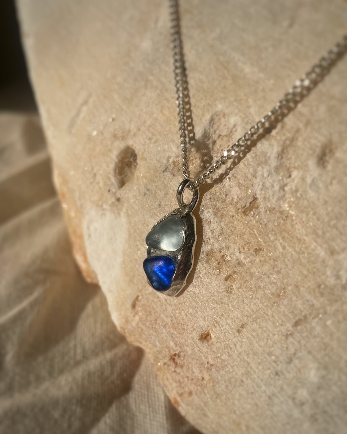 Blue sea glass double pendant